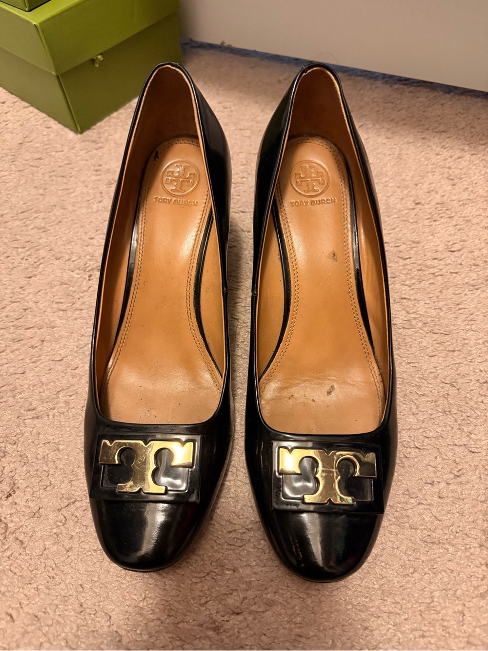 Tory Burch Black Patent Leather Logo Heels with Gold Hardware